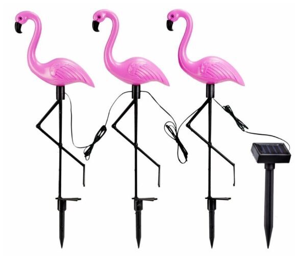 Saulės energijos įkraunamas LED sodo šviestuvų rinkinys - flamingai, 3 vnt, 53cm