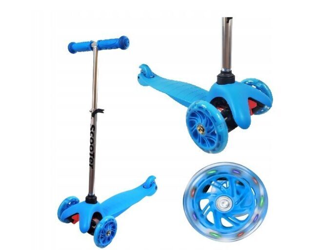 Triratis paspirtukas su LED šviečiančiais ratukais, mėlynas