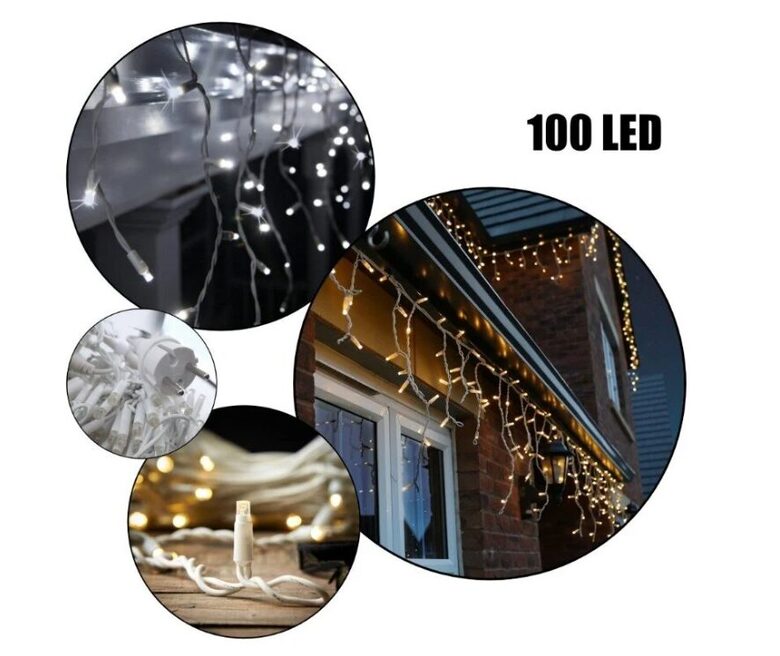 100 LED 4 metrai lempučių lauko girlianda varvekliai su baltu laidu, šaltai baltos spalvos flash