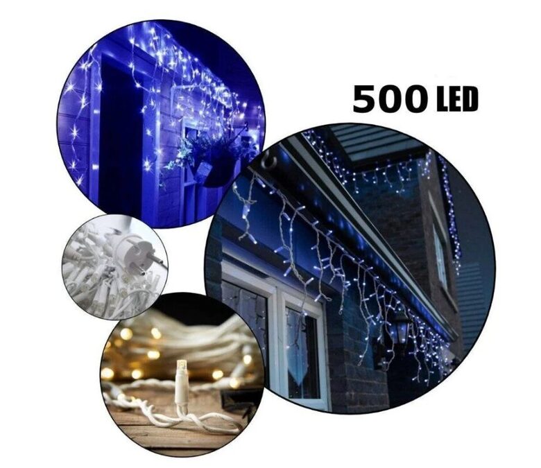 500 LED 25 metrai lempučių lauko girlianda varvekliai su baltu laidu, mėlynos spalvos flash