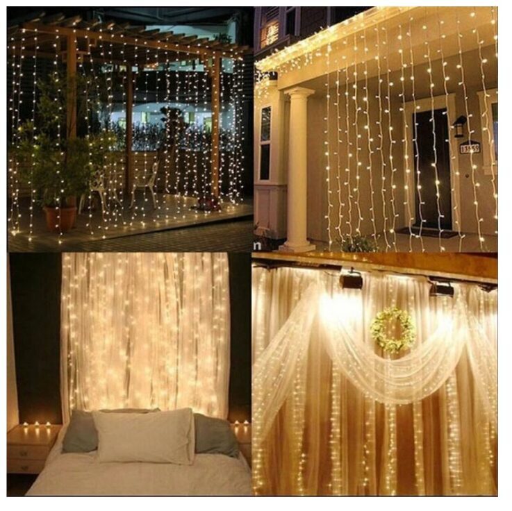 Girlianda užuolaida 300 LED 3x2 m su nuotolinio valdymo pultu, šiltai balta