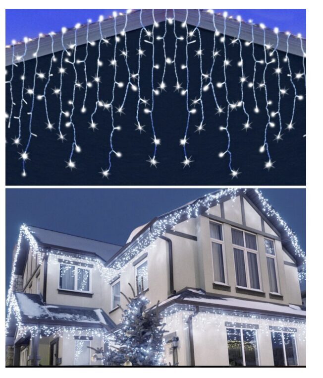 100 LED lauko girlianda varvekliai su skirtingo mirgėjimo funkcija, 15m.,šaltai balti flash