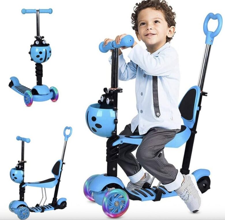 Triratis paspirtukas su stūmimo rankena Scooter 5in1, mėlynas