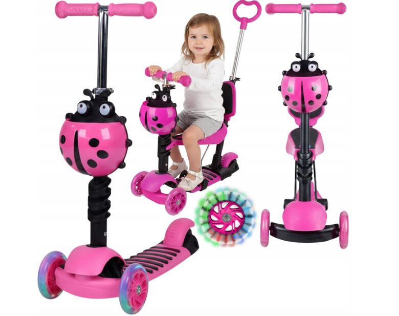 Triratis paspirtukas su stūmimo rankena Scooter 5in1, rožinis