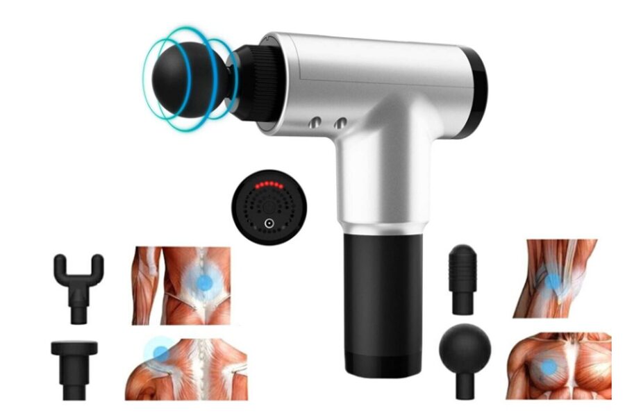 Belaidis masažinis smūginis pistoletas, raumenų masažuoklis su 4 antgaliais, sidabrinis