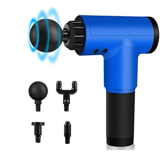 Belaidis masažinis smūginis pistoletas, raumenų masažuoklis su 4 antgaliais, mėlynas
