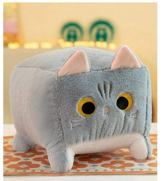 Minkštas pliušinis animacinis keturkampis žaislas - pagalvė Katė 23 cm. Pilka