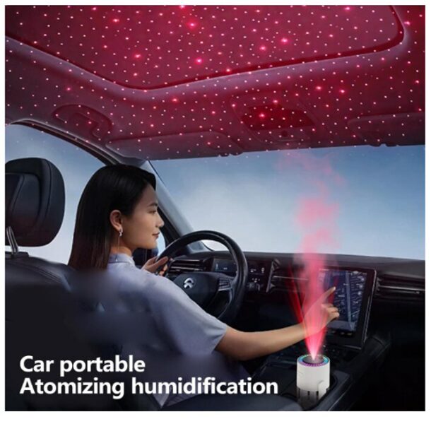 2 in 1 USB oro drėkintuvas ir šviesos projektorius skirtas naudoti namuose, automobilyje ar biure